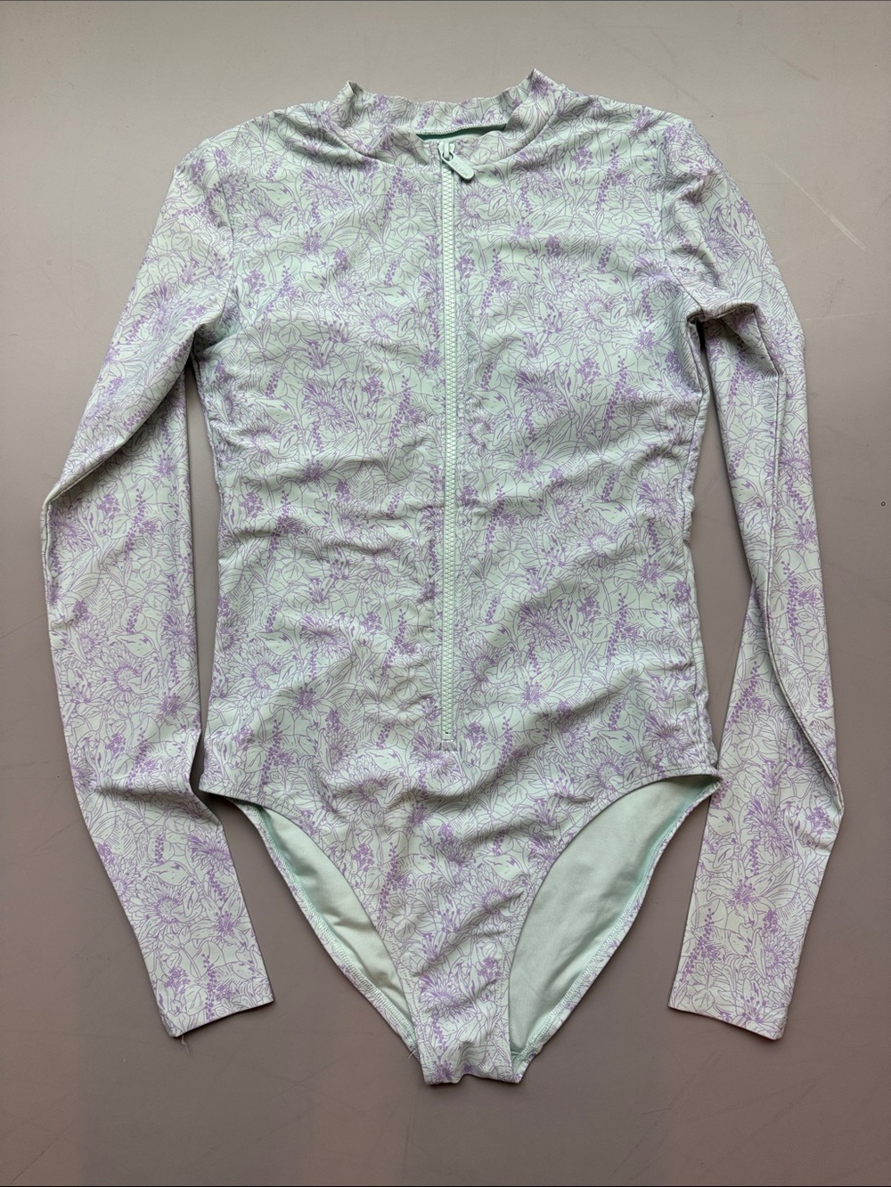 Mott50 UPF Long-Sleeve Mint/Lavender Floral Zip-Front Women's Swim One-Piece, XS